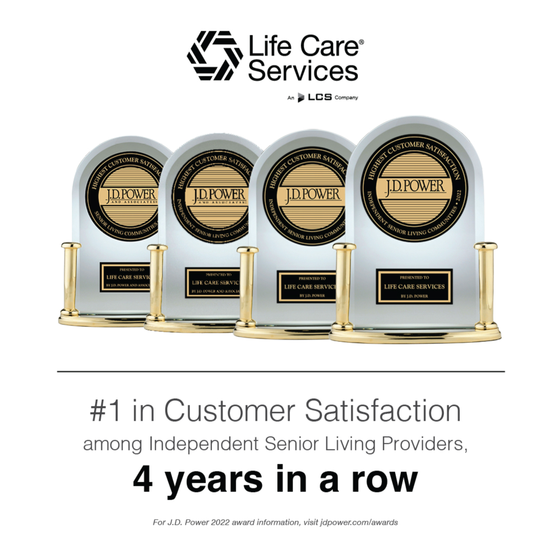 Four J.D. Power awards for Life Care Services shown with text highlighting customer satisfaction.